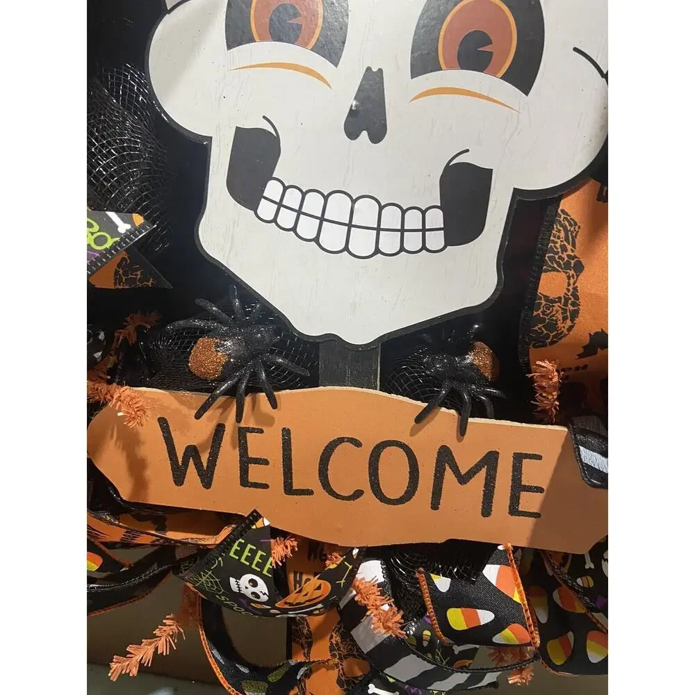Halloween Deco Mesh Wreath~Skull, Spiders~Large~Front Door~Handmade